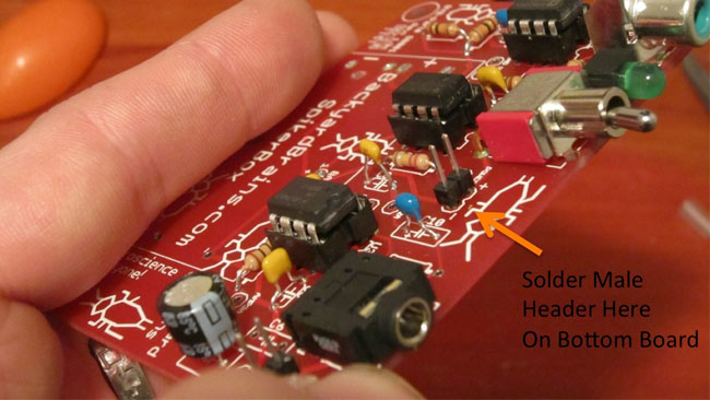 Solder the Male Header on the topside of the Bottom Board.